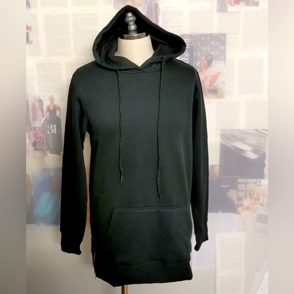 Black Longline Pullover Hoodie with side zippers-Medium